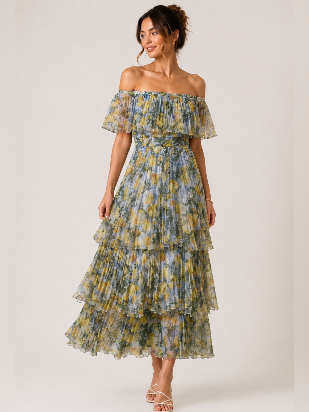 o.p.t. Yellow and Green Tiered Ruffled Maxi Sundress